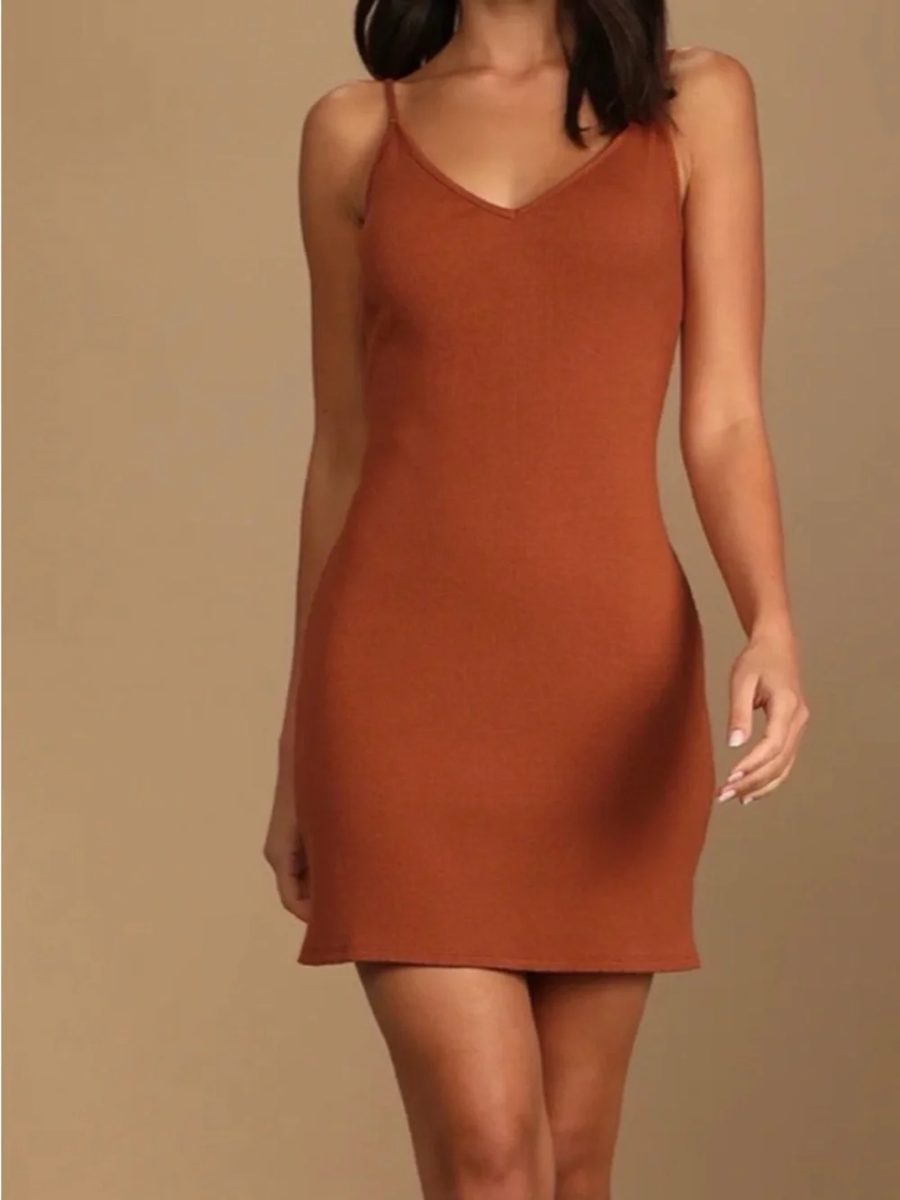 Lulus Basic Behavior Rust Orange Ribbed Bodycon Mini Dress - Picture 4 of 5